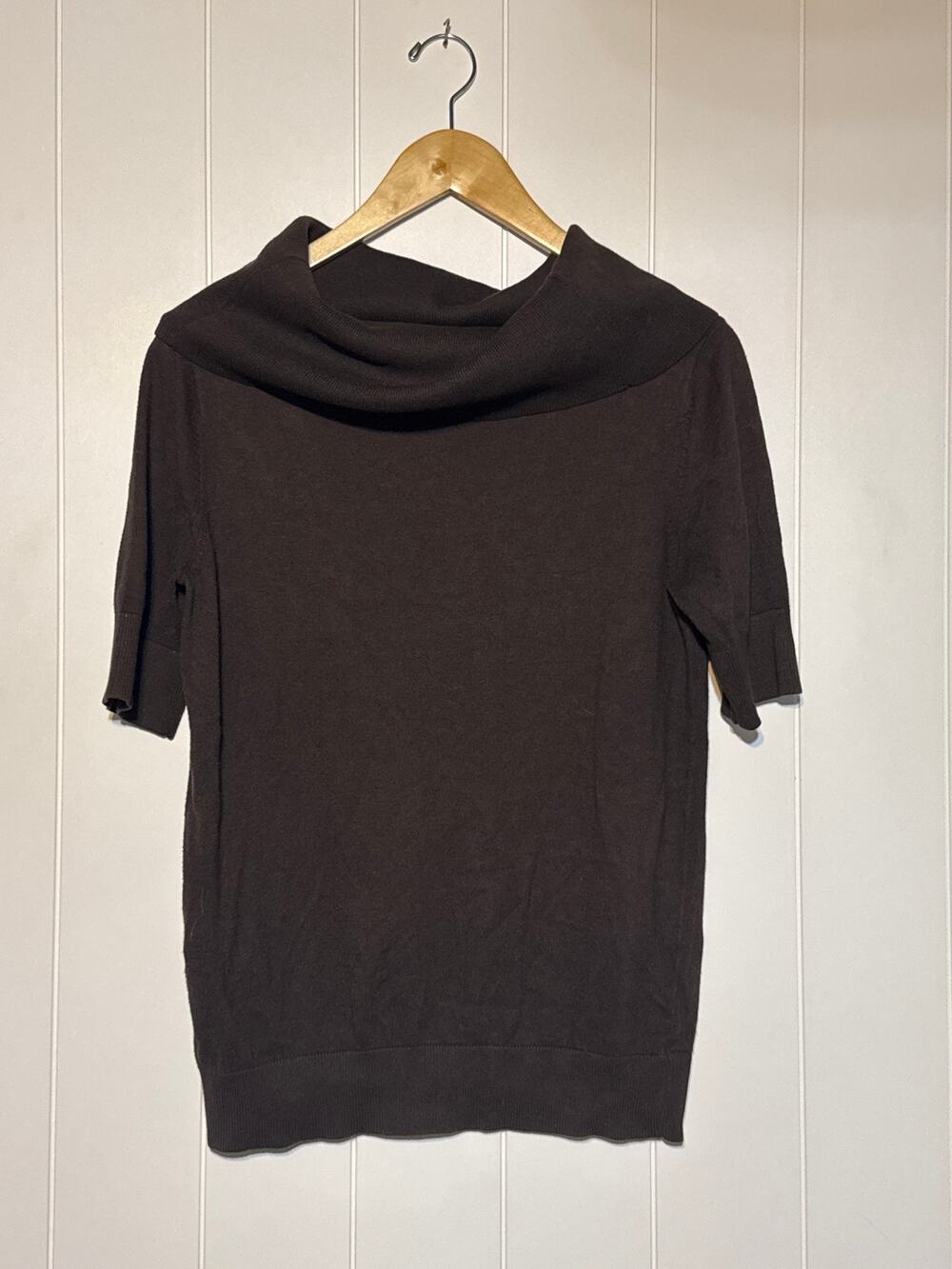 Ann Taylor Cowl Neck Sweater Womens L Brown Short Sleeve Rayon Blend Knit Top